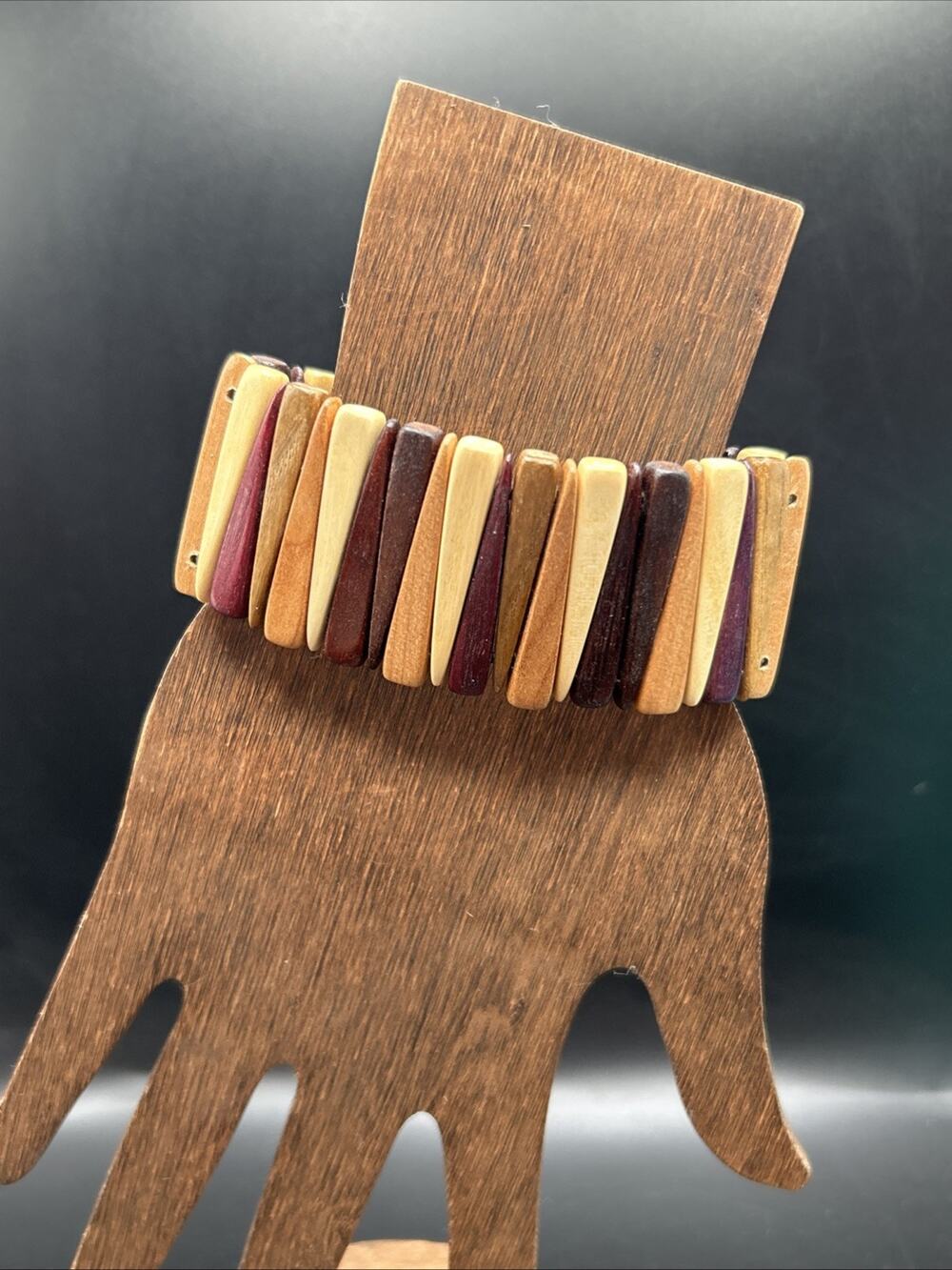 Wood Bead Stretch Cuff Bracelet Size 6.5 Multicolor Wooden Bangle